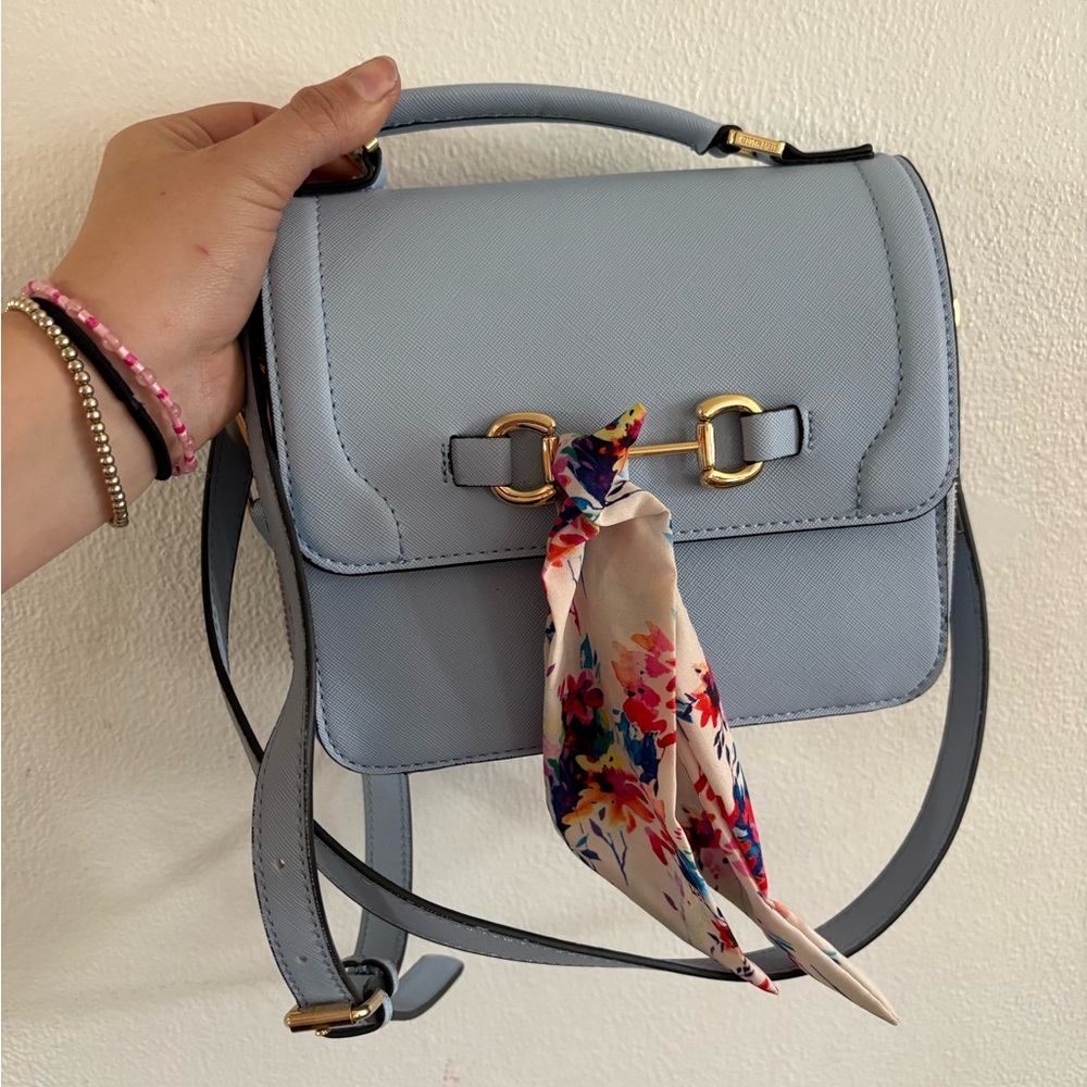 Blue Crossbody Bag with Floral Scarf